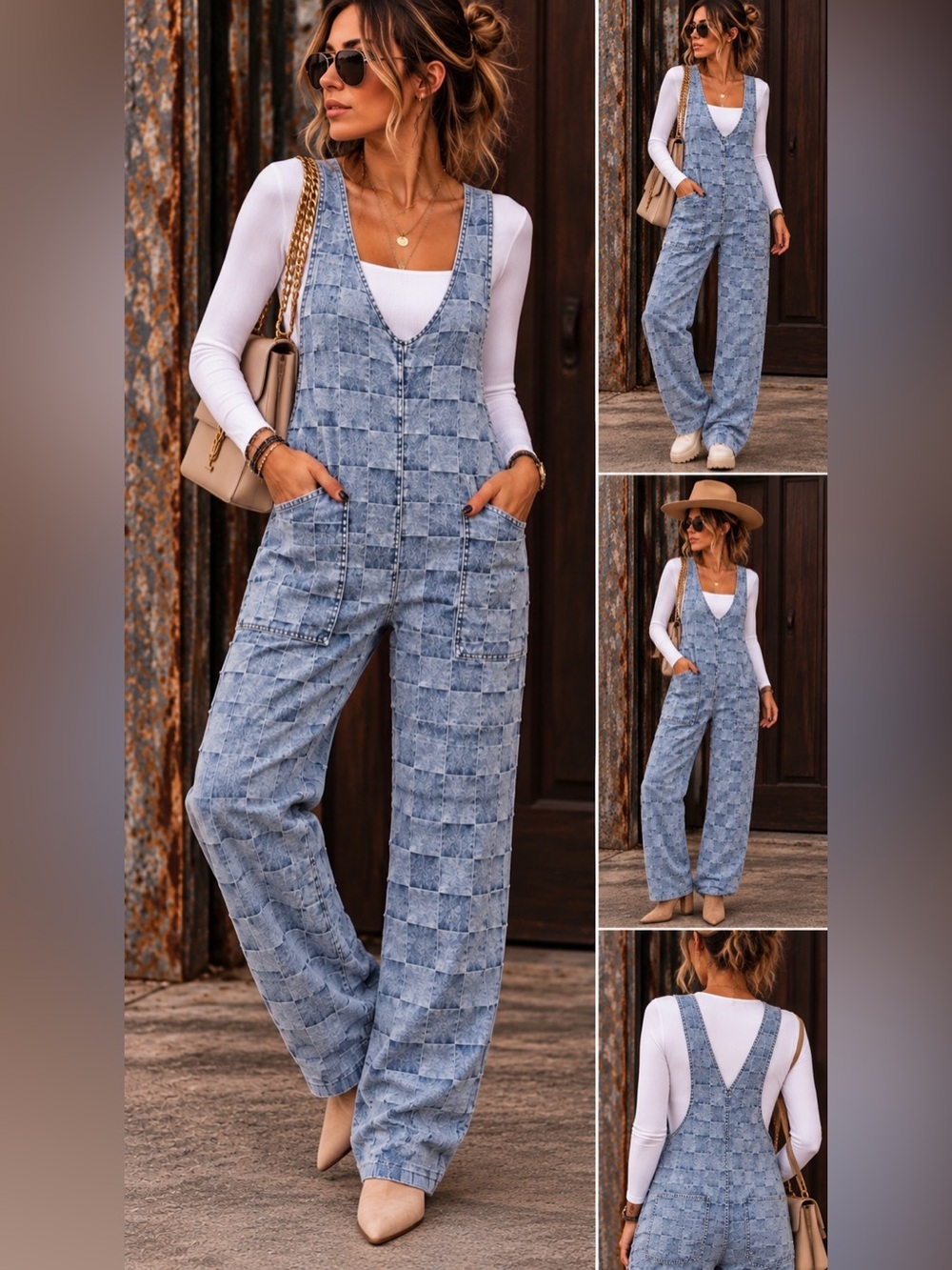 BiBi Checkered Denim-Look Jumpsuit